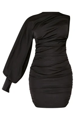 Black One Sleeve Ruched Woven Bodycon Dress