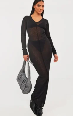 Black Onion Skin Plunge Long Sleeve Maxi Dress