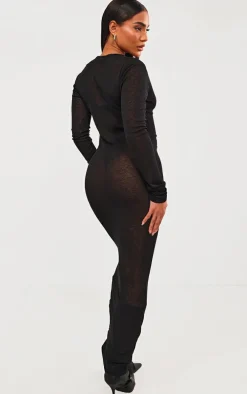 Black Onion Skin Plunge Long Sleeve Maxi Dress