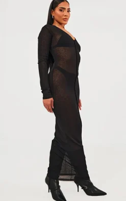 Black Onion Skin Plunge Long Sleeve Maxi Dress