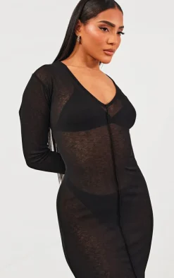 Black Onion Skin Plunge Long Sleeve Maxi Dress