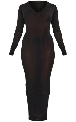 Black Onion Skin Plunge Long Sleeve Maxi Dress