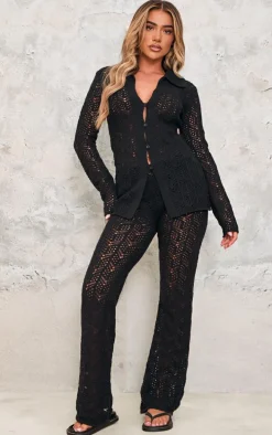 Black Open Crochet Knit Pants