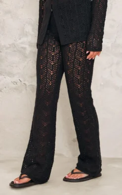 Black Open Crochet Knit Pants