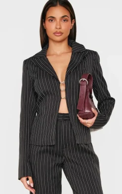 Black Open Front Pinstripe Fitted Shirt