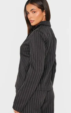 Black Open Front Pinstripe Fitted Shirt