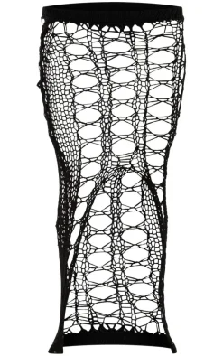 Black Open Knit Crochet Split Maxi Skirt