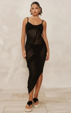 Black Open Knit Frill Detail Maxi Dress