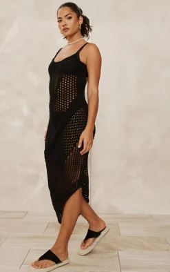 Black Open Knit Frill Detail Maxi Dress