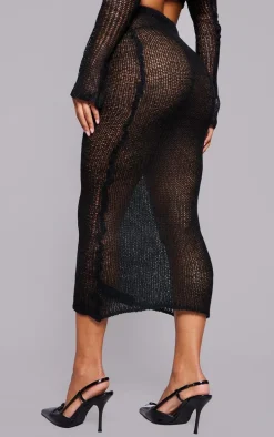 Black Open Knit Midi Skirt