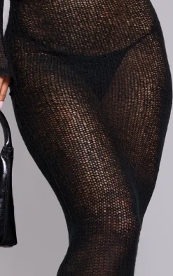 Black Open Knit Midi Skirt