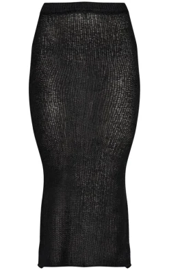 Black Open Knit Midi Skirt