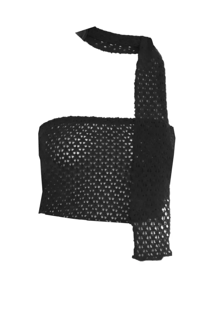 Black Open Knit Neck Tie Crop Top
