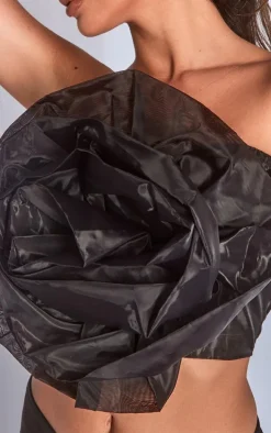 Black Organza Flower Applique Bandeau Top