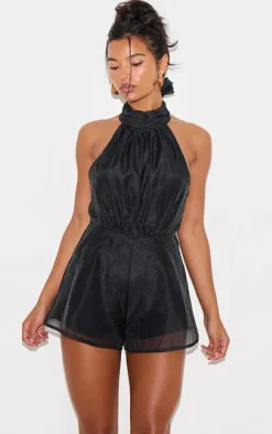 Black Organza High Tie Neck Romper