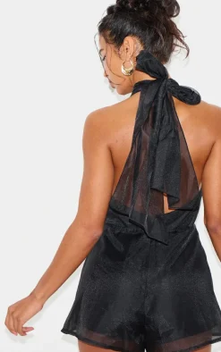 Black Organza High Tie Neck Romper