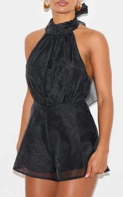 Black Organza High Tie Neck Romper
