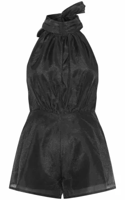 Black Organza High Tie Neck Romper
