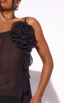 Black Organza Mesh Rose Bust Detail Strappy Maxi Dress