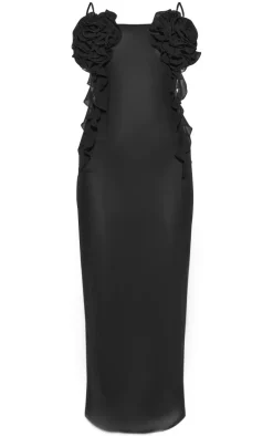 Black Organza Mesh Rose Bust Detail Strappy Maxi Dress