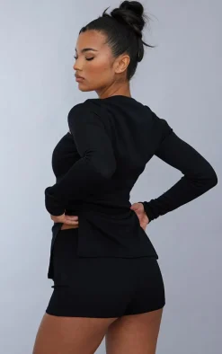 Black Ottoman Ribbed Long Sleeve Top