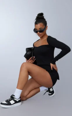 Black Ottoman Ribbed Long Sleeve Top