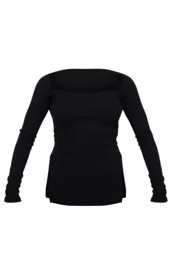Black Ottoman Ribbed Long Sleeve Top
