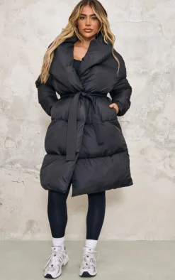 Black Oversized Collar Belted Longline Puffer
