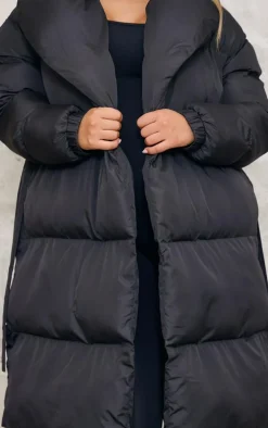 Black Oversized Collar Belted Longline Puffer