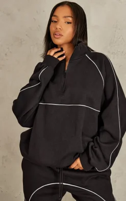 Black Oversized Contrast Piping Quarter Zip Sweatshirt