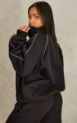 Black Oversized Contrast Piping Quarter Zip Sweatshirt