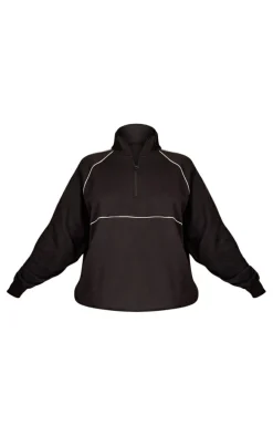 Black Oversized Contrast Piping Quarter Zip Sweatshirt