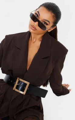 Black Oversized Gold Buckle Chunky Waist Belt