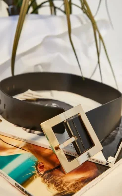 Black Oversized Gold Buckle Chunky Waist Belt