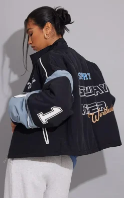 Black Oversized Graphic Zipped Racer Bomber Jacket