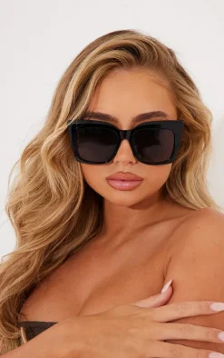 Black Oversized Metal Arm Cat Eye Sunglasses