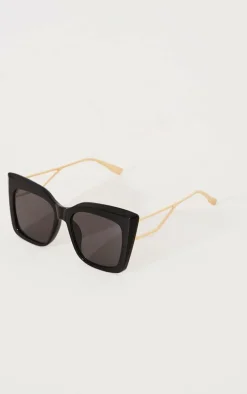 Black Oversized Metal Arm Cat Eye Sunglasses