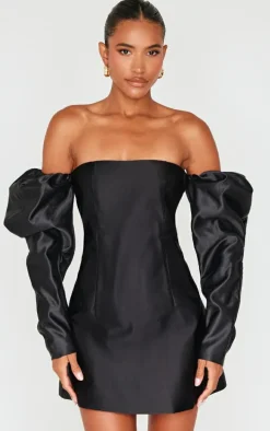 Black Oversized Puff Sleeve A Line Shift Dress