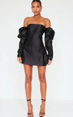 Black Oversized Puff Sleeve A Line Shift Dress