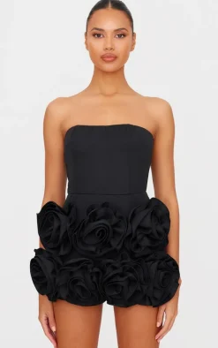 Black Oversized Rose Detail Bandeau Skort Romper