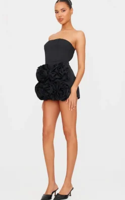 Black Oversized Rose Detail Bandeau Skort Romper