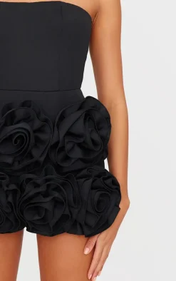 Black Oversized Rose Detail Bandeau Skort Romper