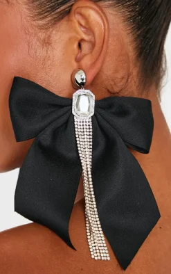 Black Oversized Satin Bow Jewel Diamante Statement Earrings