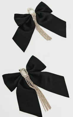 Black Oversized Satin Bow Jewel Diamante Statement Earrings