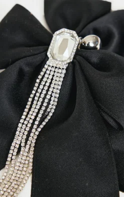 Black Oversized Satin Bow Jewel Diamante Statement Earrings