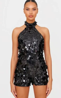 Black Oversized Sequin High Neck Backless Romper