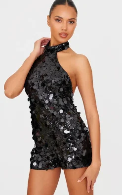 Black Oversized Sequin High Neck Backless Romper