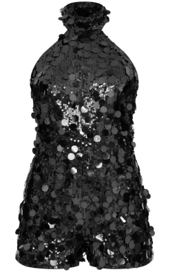 Black Oversized Sequin High Neck Backless Romper