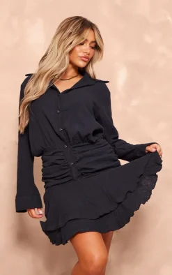 Black Oversized Shirt Frill Detail Shift Dress