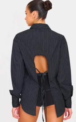 Black Oversized Striped Cut Out Back Shirt